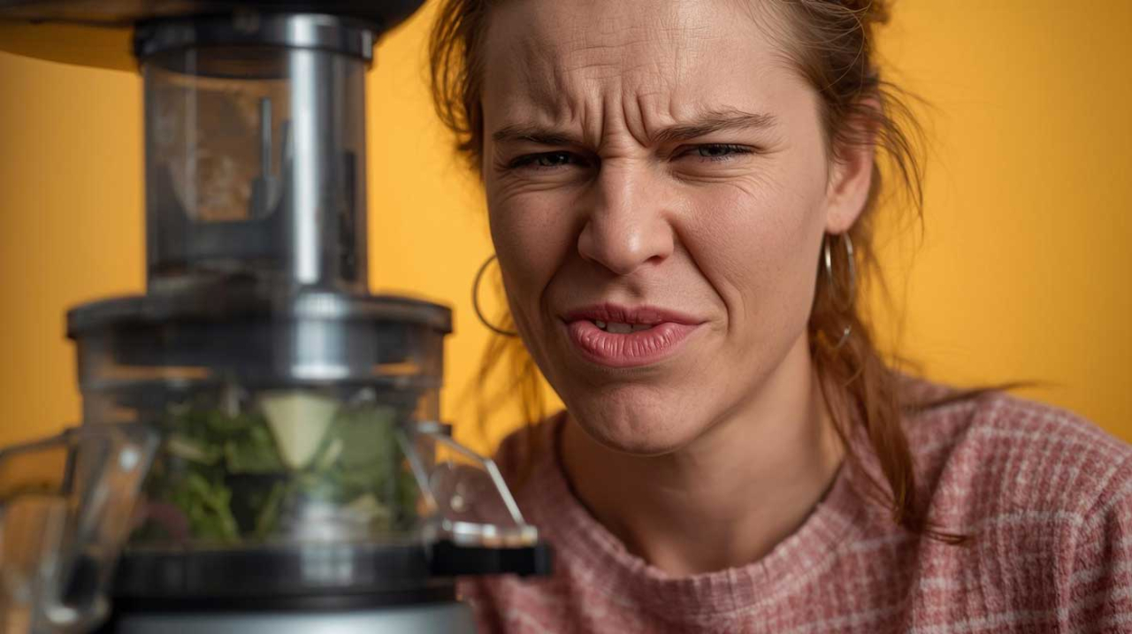 ein-Mensch-nimmt-beim-Saftpressen-mit-einem-Slow-Juicer-unangenehme-quietschende-Gerausche-wahr-und-verzieht-das-Gesicht ein-Mensch-nimmt-beim-Saftpressen-mit-einem-Slow-Juicer-unangenehme-quietschende-Gerausche-wahr-und-verzieht-das-Gesicht