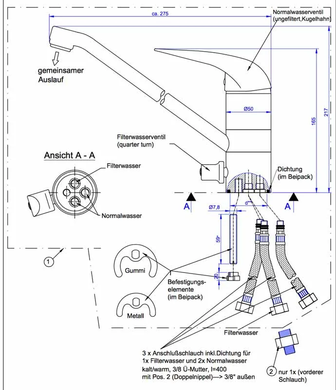 3-Wege-Wasserhahn Aufmaß und Lieferumfang – Anschlüsse für Heiß-, Kalt- und Filterwasser