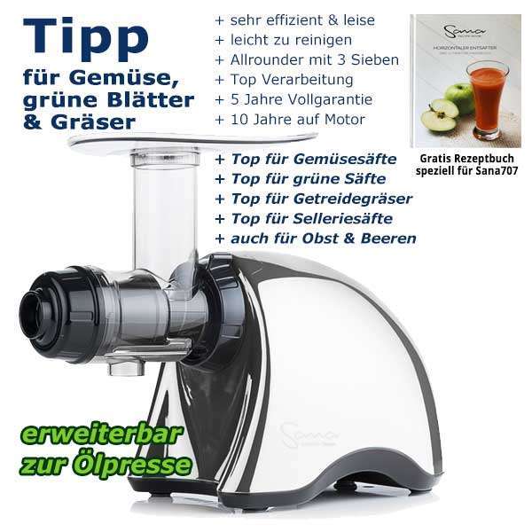 Sana Juicer EUJ 707 | Entsafter mit optionaler Ölpresse | Vorführgerät chrom