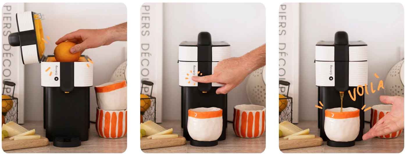So funktioniert die Citring One: bis zu drei ganze Orangen einlegen, Knopf drücken, Saft läuft ins Glas (Herstellergrafik)