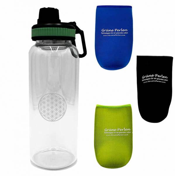 Glasflasche Lara Lebensblume | 1000ml (Farbe unserer Wahl)